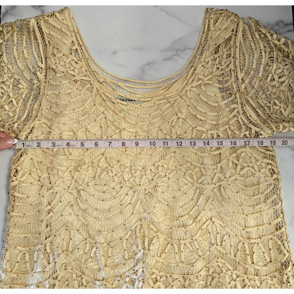 Vintage 80s Top Womens 2X Ivory 100% Silk Crochet Lace‎ Scallop Gold Beaded Glam - Picture 8 of 10